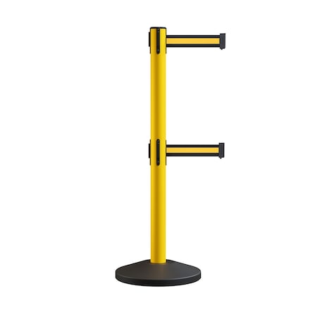 Retractable Dbl Belt Rolling Stanchion, 2.5in YW Post  9' Bk/Y H Belt